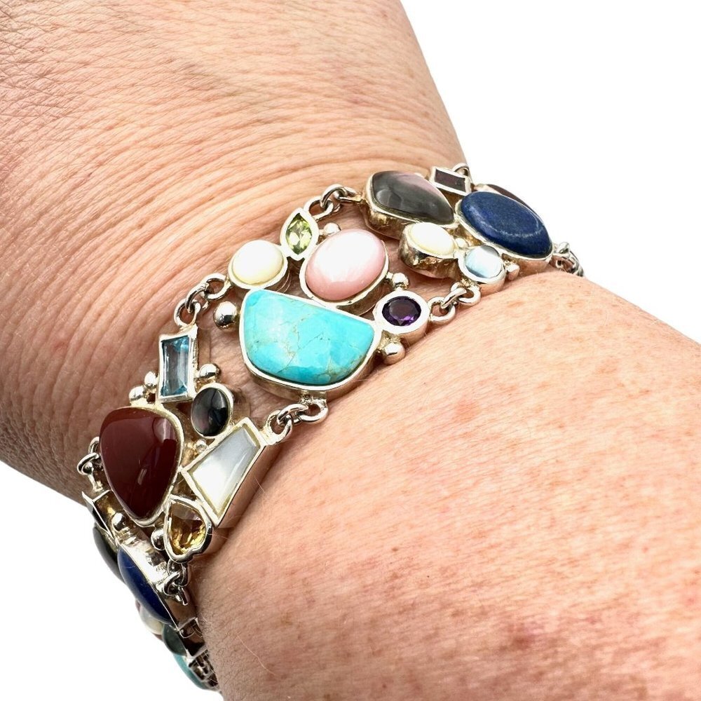 HSN Designer Womens Wide Bracelet Sterling Silver Turquoise Multi Gemstone